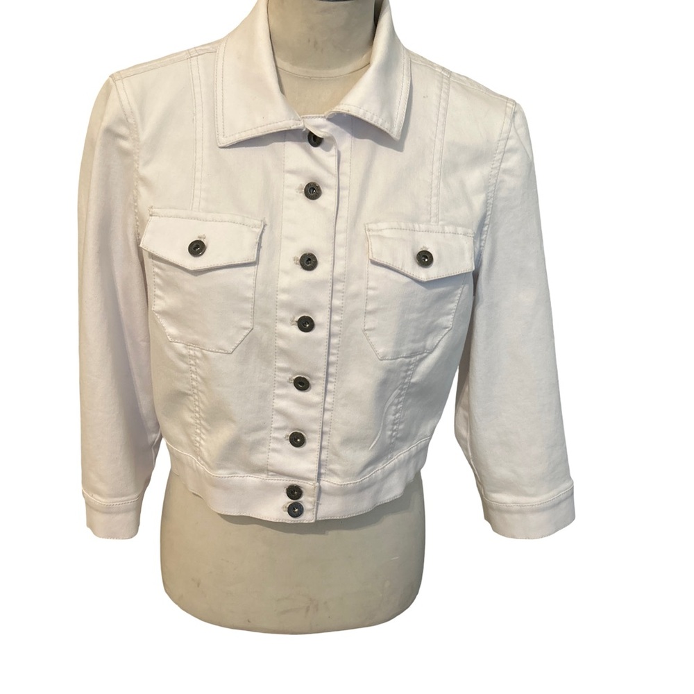 Vintage Chicos Womens Size Small Platinum White Cropped Denim Lightweight Jacket